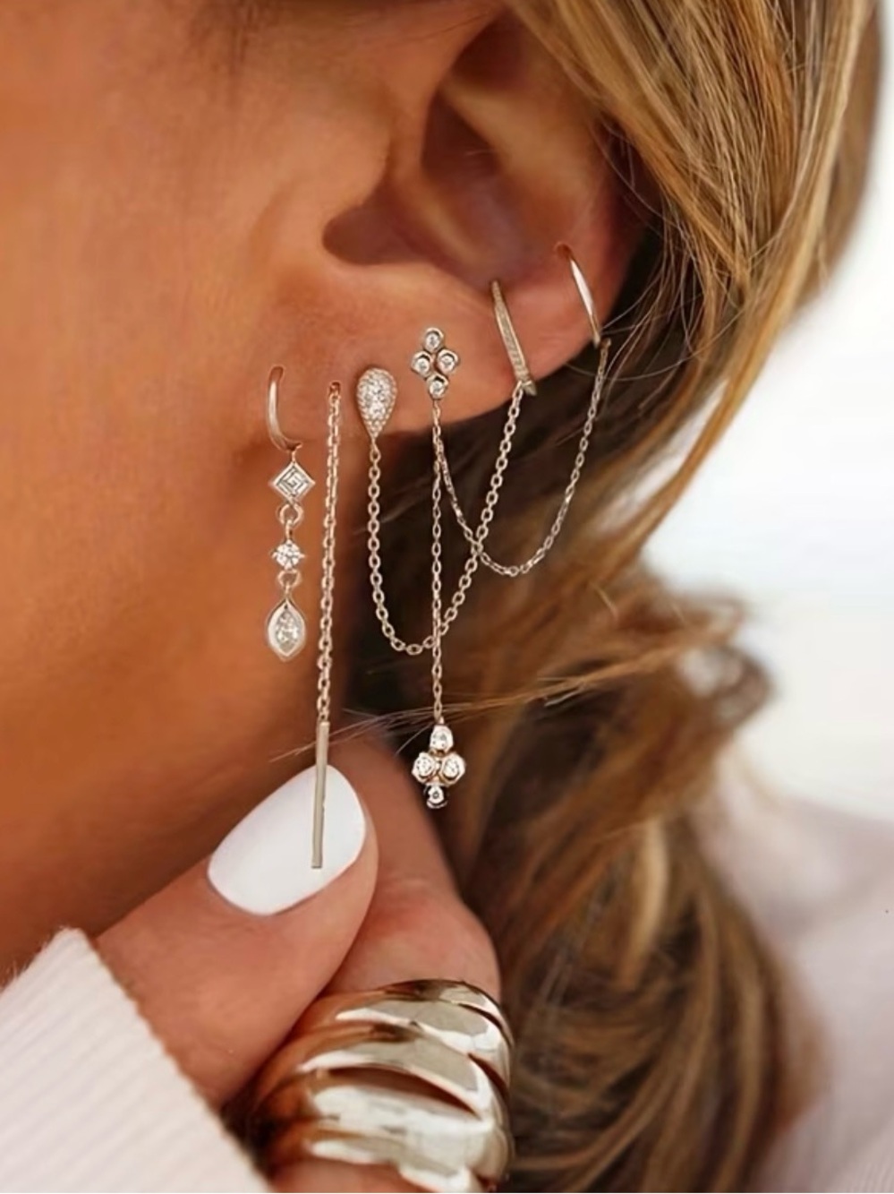 6pc set Sterling Silver Multi-Chain Ear Climbers with White Crystal Accents